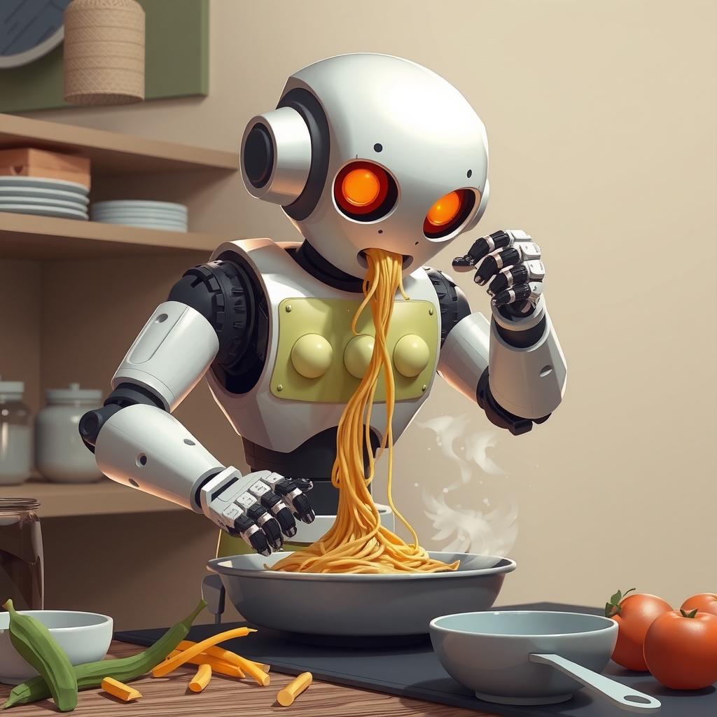 2d style humanoid robot cooking spaghetti by Free AI Image Generator & Maker - No login required✨ | AIGAZOU