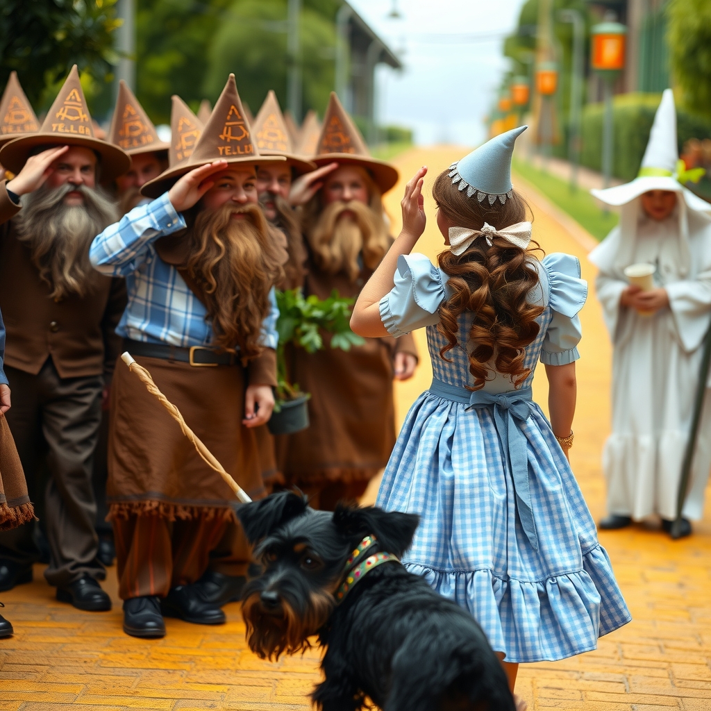 multiple little men with beards and triangle cap saluting dorothy dorothy facing away but looking back with a black yorkshire by Générateur d'images par IA gratuit - Aucune connexion nécessaire✨ | AIGAZOU