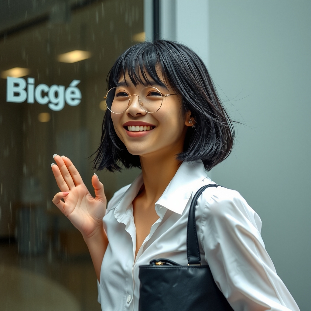 young woman rushes into office building during sudden rain by Générateur d'images par IA gratuit - Aucune connexion nécessaire✨ | AIGAZOU