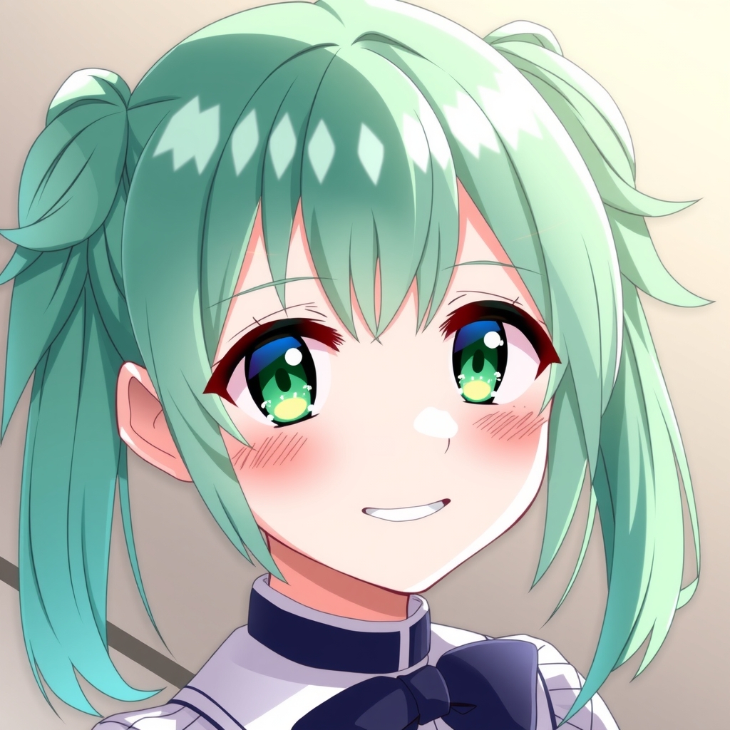 girl emerald green hair short twintails smile anime style by मुफ्त एआई छवि जनरेटर - बिना लॉगिन के✨ | AIGAZOU