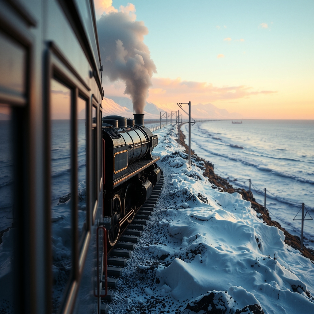 icy seaside scenery with connecting trains and 4dcg by मुफ्त एआई छवि जनरेटर - बिना लॉगिन के✨ | AIGAZOU