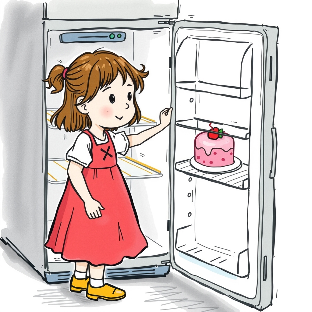 a small girl opens a refrigerator with a small cake by मुफ्त एआई छवि जनरेटर - बिना लॉगिन के✨ | AIGAZOU