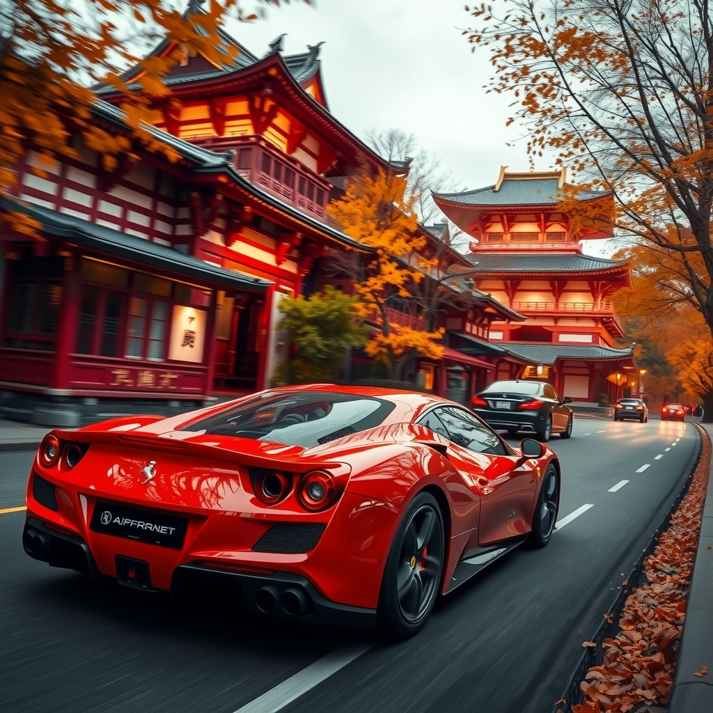 kyoto temples illuminated red ferrari running through autumn leaves by मुफ्त एआई छवि जनरेटर - बिना लॉगिन के✨ | AIGAZOU