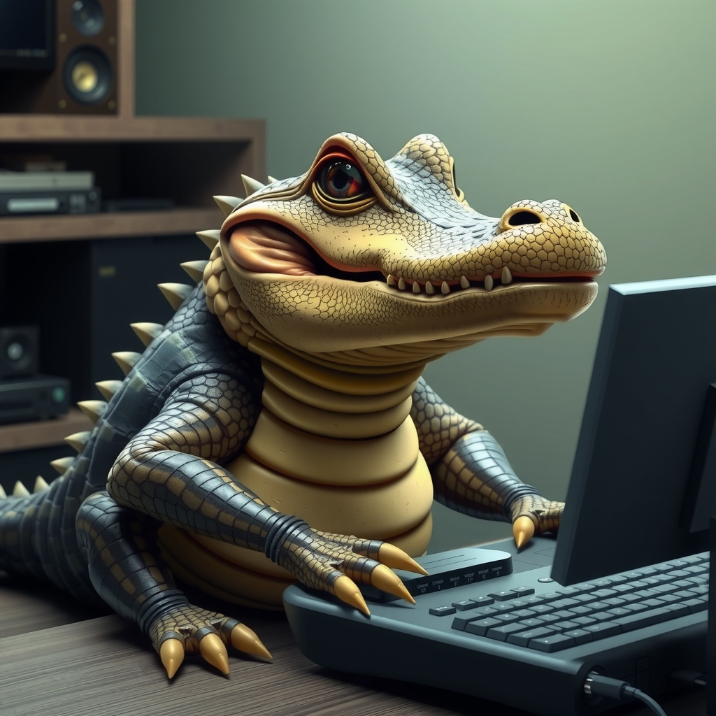 create an image of a crocodile similar to mydealz confused in front of a computer by मुफ्त एआई छवि जनरेटर - बिना लॉगिन के✨ | AIGAZOU