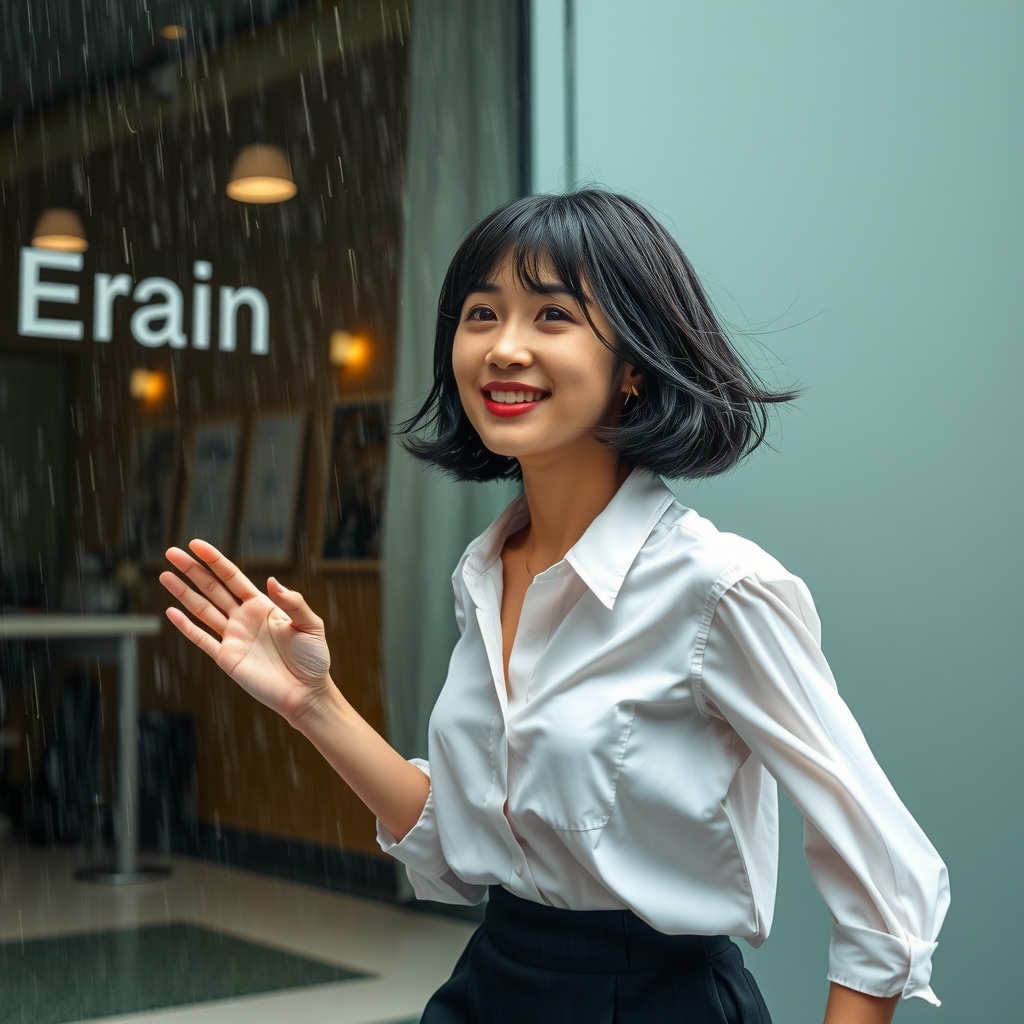 young woman rushes into office building due to sudden rain by मुफ्त एआई छवि जनरेटर - बिना लॉगिन के✨ | AIGAZOU