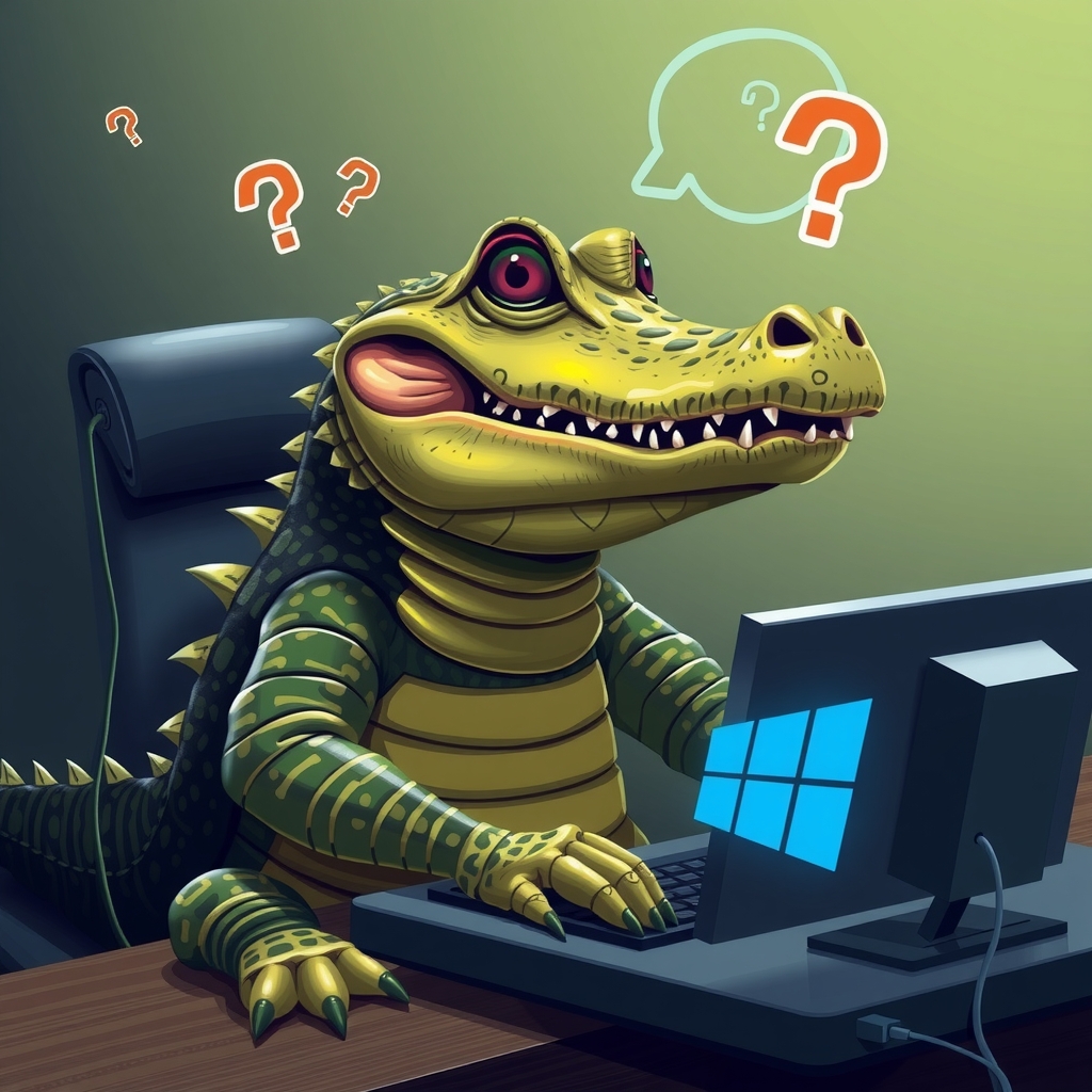 create an image of a crocodile similar to mydealz confused at a computer with windows 11 and question marks by मुफ्त एआई छवि जनरेटर - बिना लॉगिन के✨ | AIGAZOU