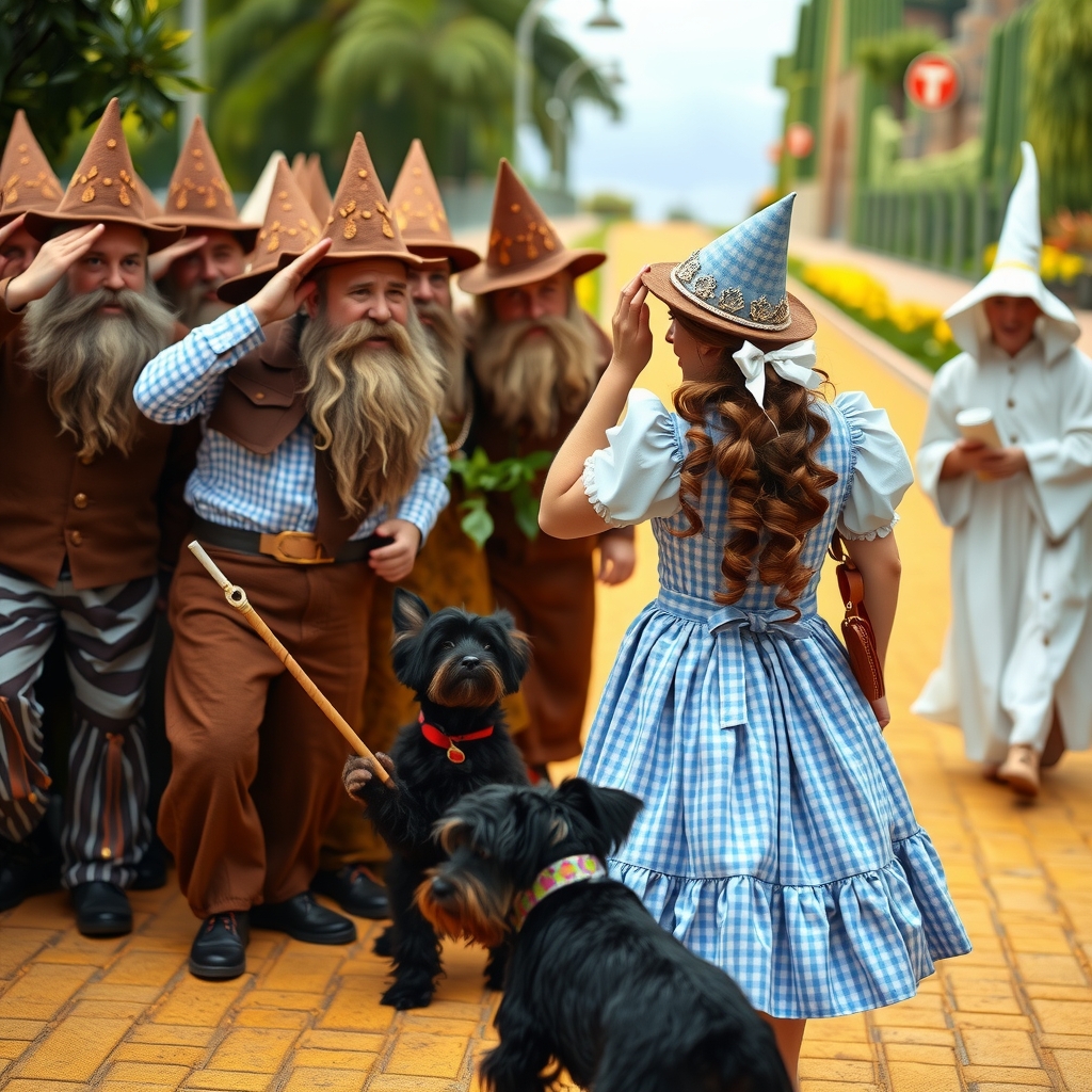 little men with beards saluting dorothy yorkshire terrier witch yellow brick road by मुफ्त एआई छवि जनरेटर - बिना लॉगिन के✨ | AIGAZOU