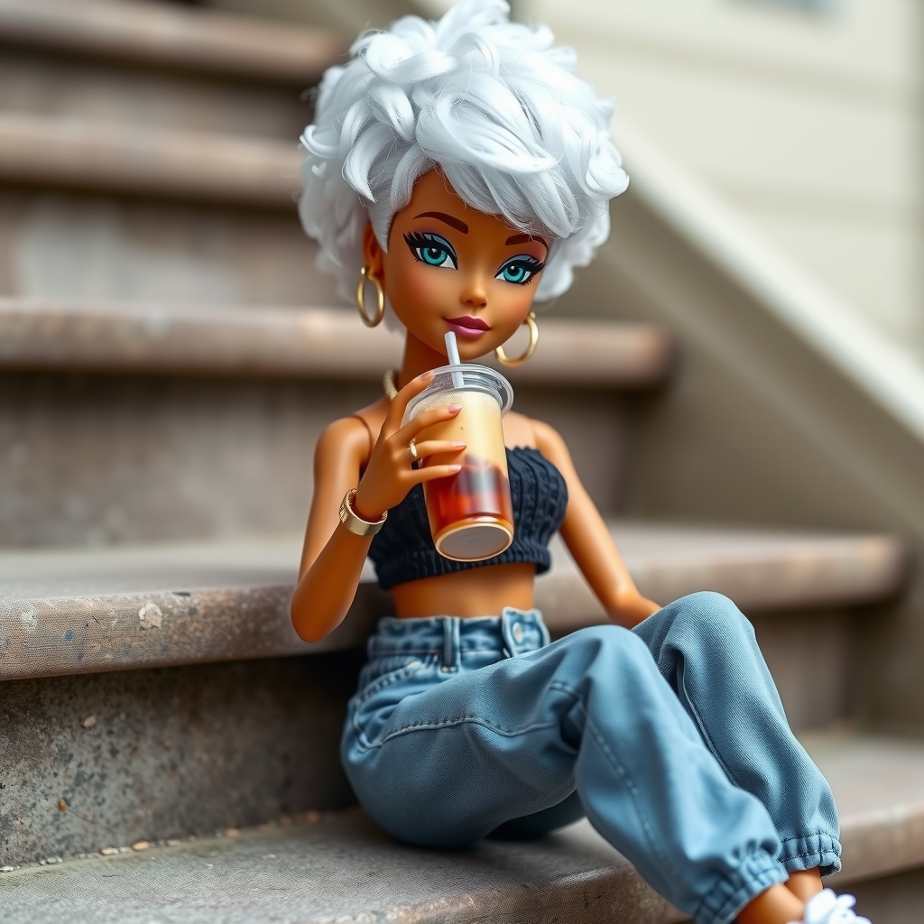 barbie vitiligo afro short crop top cargo jeans baskets bubble tea by 免费AI图像生成工具 | AIGAZOU