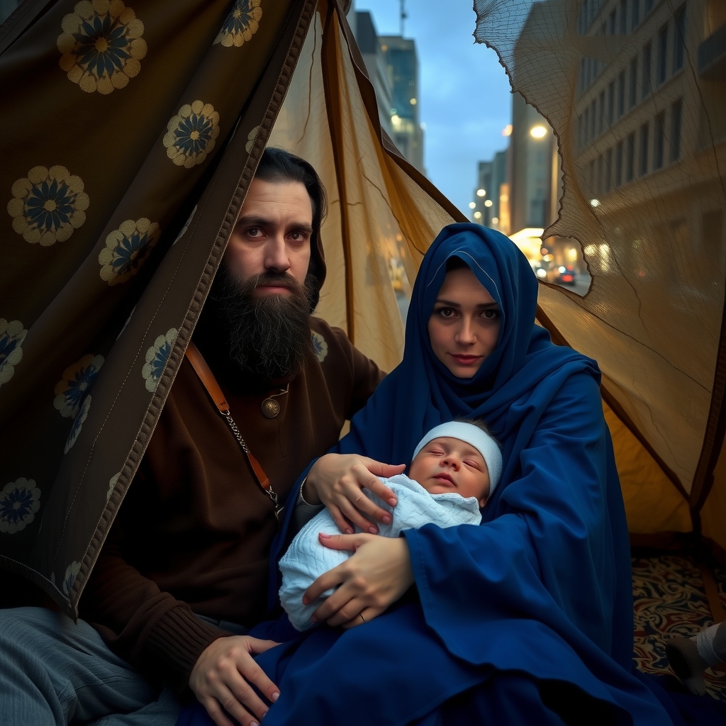 a bearded man and a veiled woman with a newborn in a torn tent in a modern city at night by मुफ्त एआई छवि जनरेटर - बिना लॉगिन के✨ | AIGAZOU