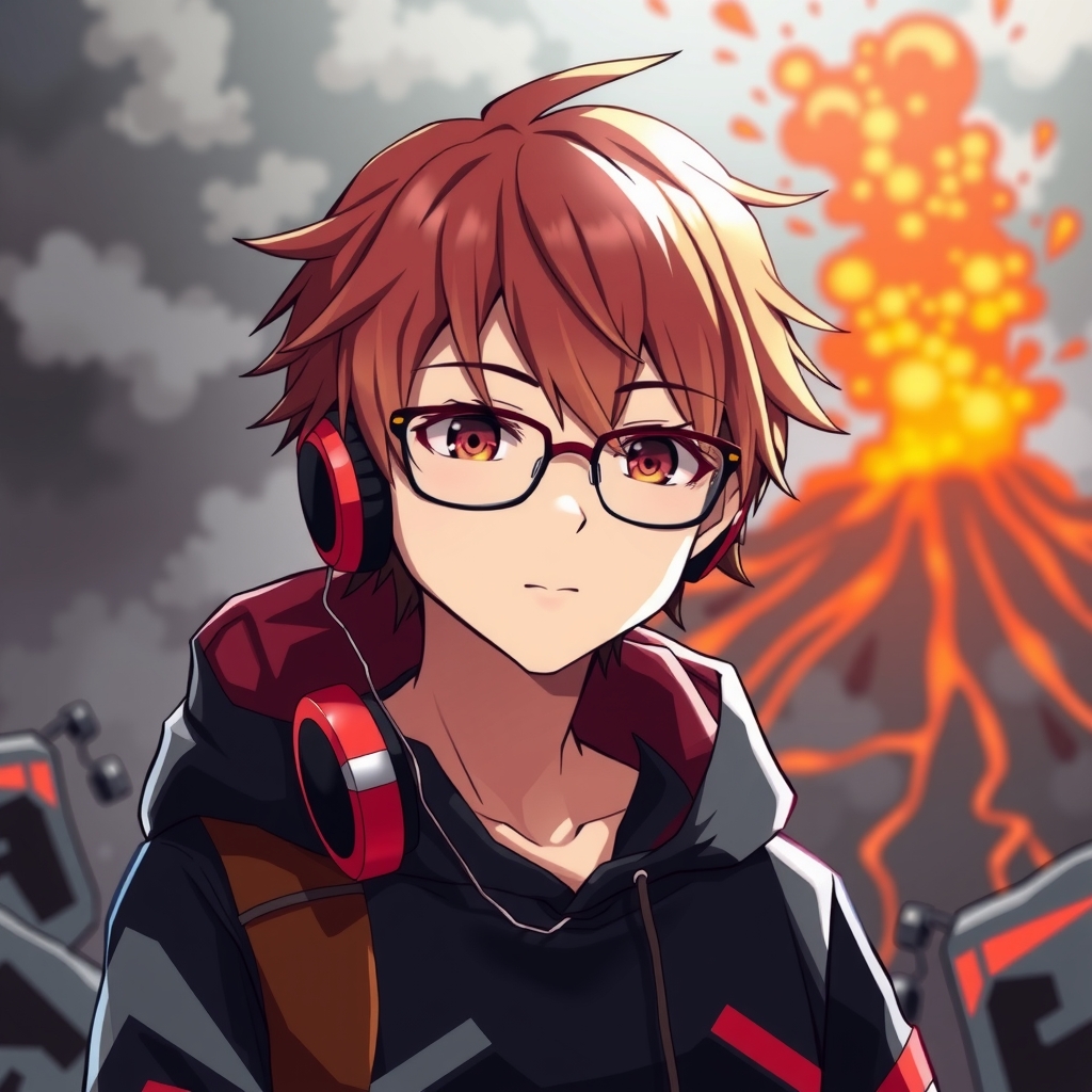 anime boy glasses red brown hair black hoodie red brown elements fire volcano background by मुफ्त एआई छवि जनरेटर - बिना लॉगिन के✨ | AIGAZOU