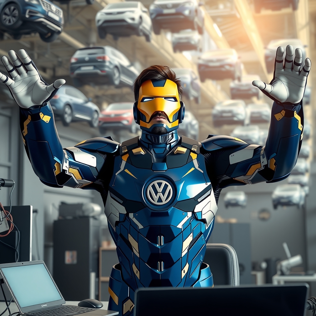 ai programmer like avenger superhero holds hands sky volkswagen cars ironman appearance volkswagen blue suit computer items table brand logo by मुफ्त एआई छवि जनरेटर - बिना लॉगिन के✨ | AIGAZOU