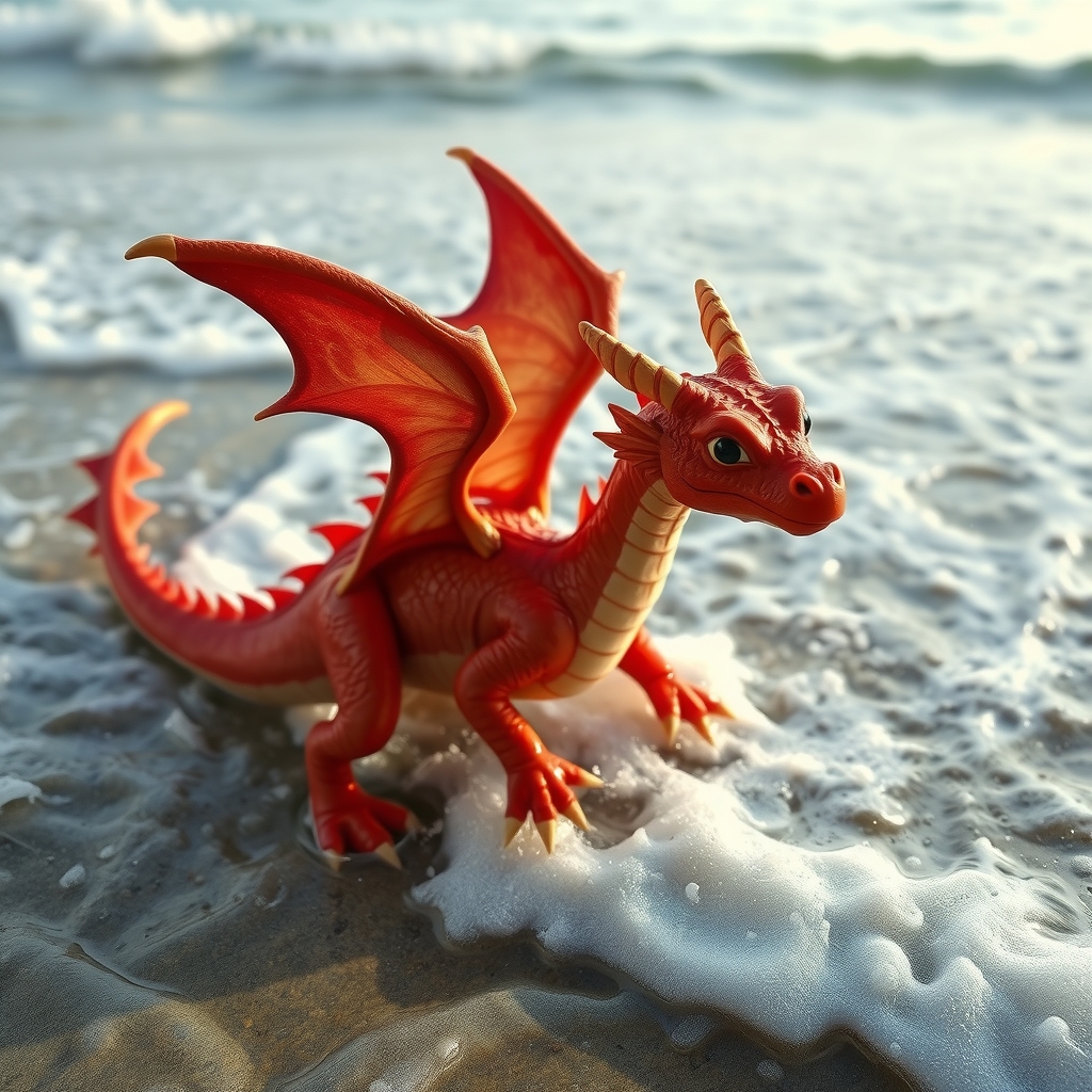 a young red friendly dragon with four legs and wings plays in the waves on the baltic sea shore by मुफ्त एआई छवि जनरेटर - बिना लॉगिन के✨ | AIGAZOU