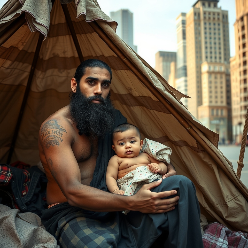 virgin with bearded man and baby in torn tent in city by मुफ्त एआई छवि जनरेटर - बिना लॉगिन के✨ | AIGAZOU