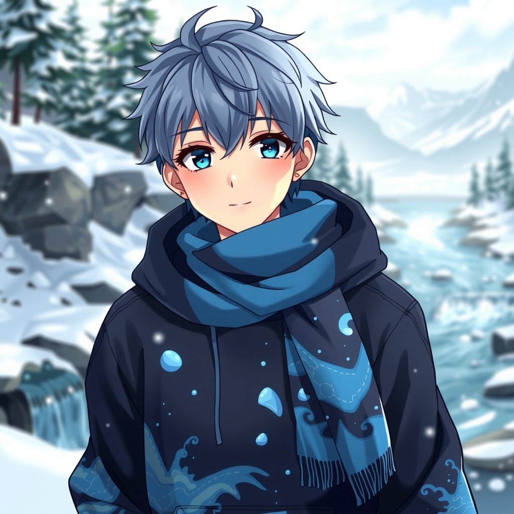 anime boy blue hair blue eyes warm hoodie river snowy landscape by मुफ्त एआई छवि जनरेटर - बिना लॉगिन के✨ | AIGAZOU