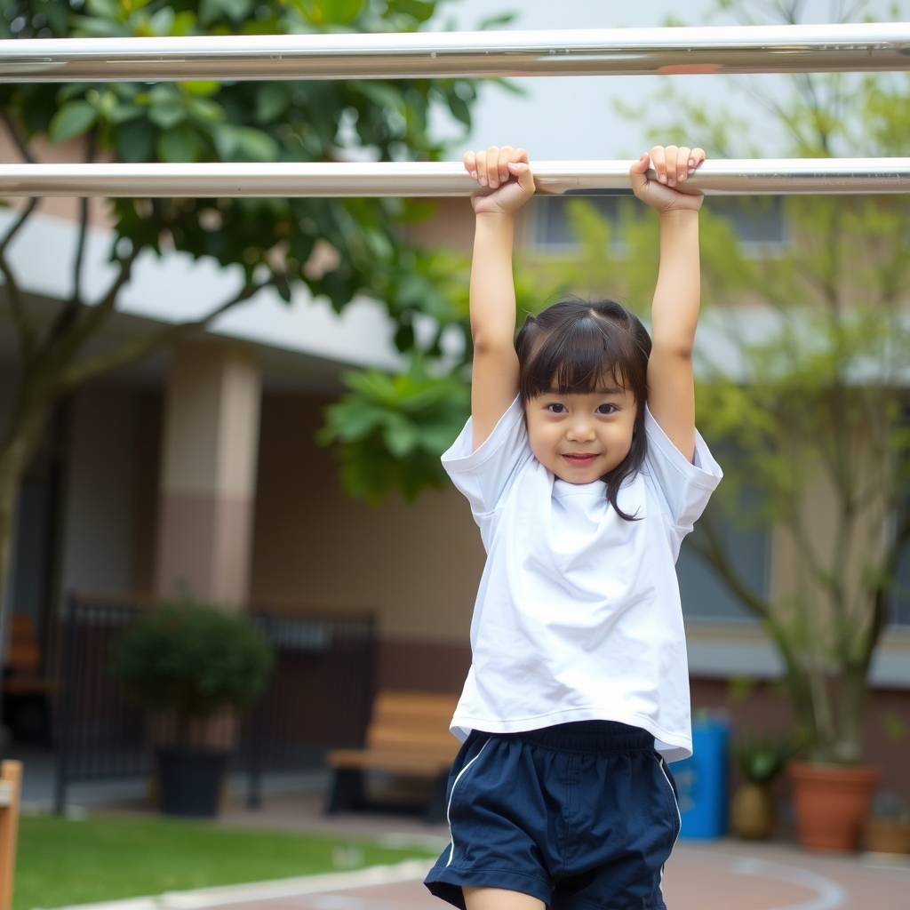 japanese elementary school girl hanging from high horizontal bar in school yard by Générateur d'images par IA gratuit - Aucune connexion nécessaire✨ | AIGAZOU