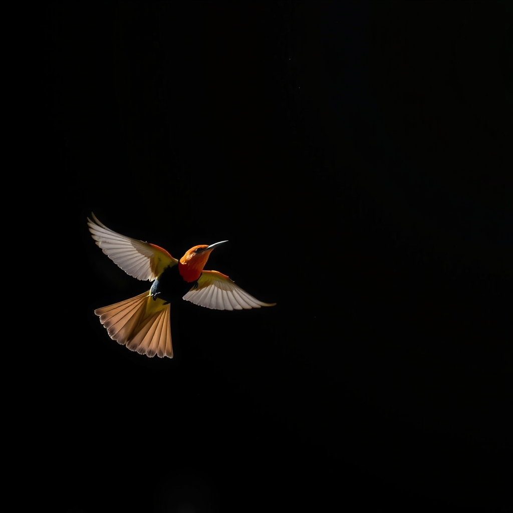 black background with a red throated tanager bird flying in the bottom left corner by मुफ्त एआई छवि जनरेटर - बिना लॉगिन के✨ | AIGAZOU