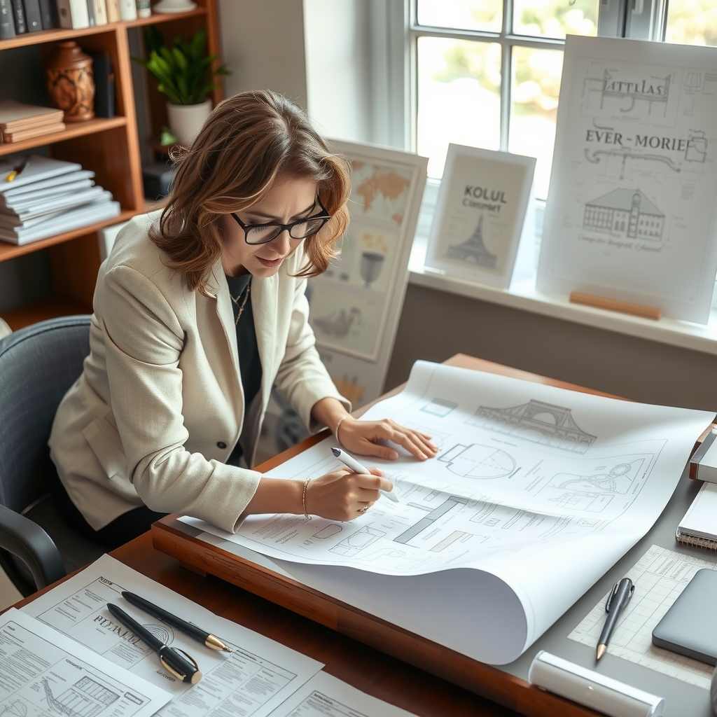 female architect investigating blueprints on desk by मुफ्त एआई छवि जनरेटर - बिना लॉगिन के✨ | AIGAZOU