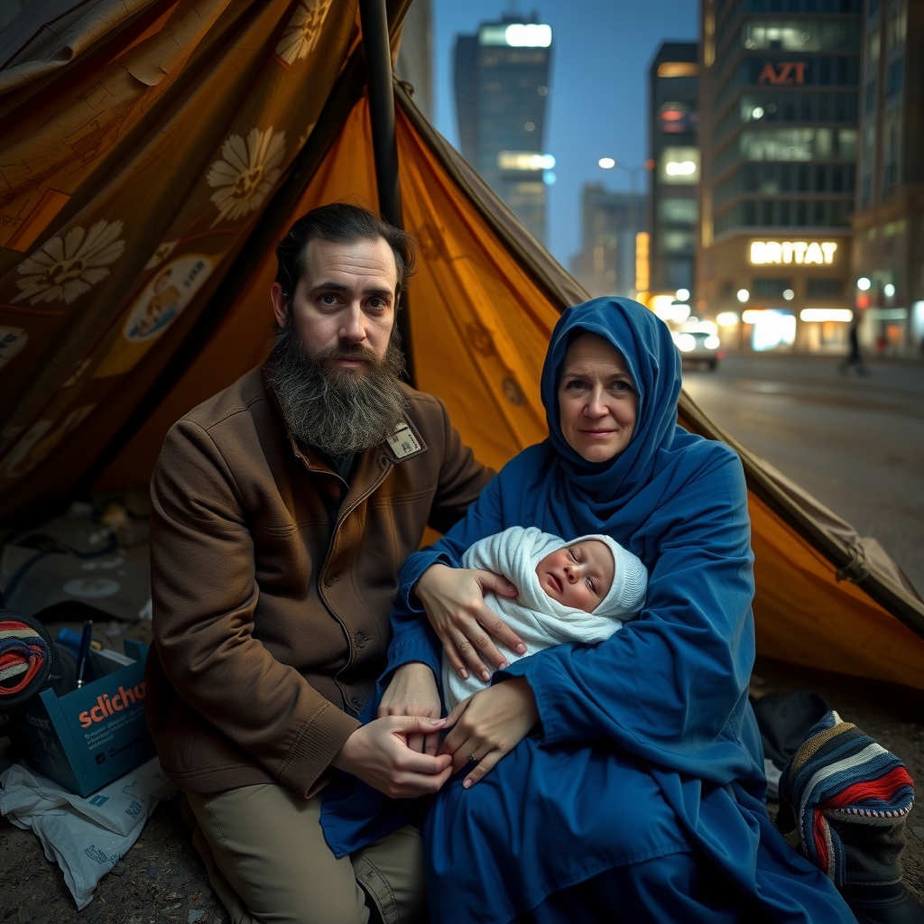 a bearded man and a woman in blue with a newborn in a dirty tent in a modern city at by मुफ्त एआई छवि जनरेटर - बिना लॉगिन के✨ | AIGAZOU