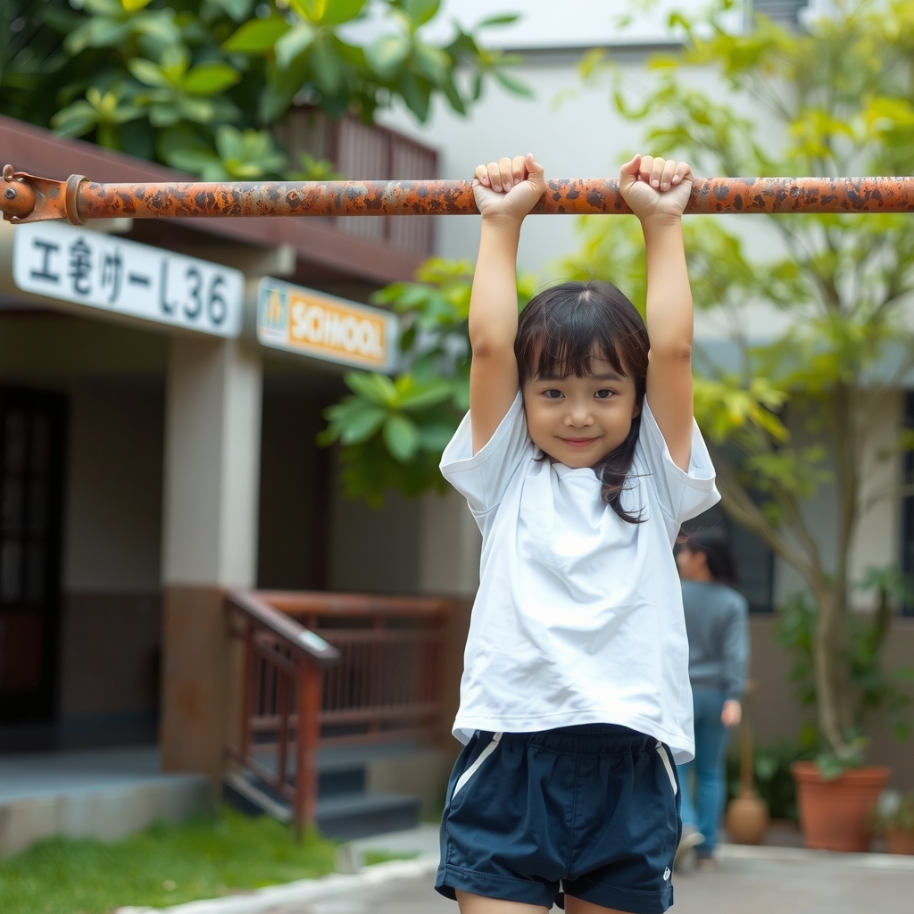 rusty iron bar in school yard japanese elementary school girl hanging by मुफ्त एआई छवि जनरेटर - बिना लॉगिन के✨ | AIGAZOU