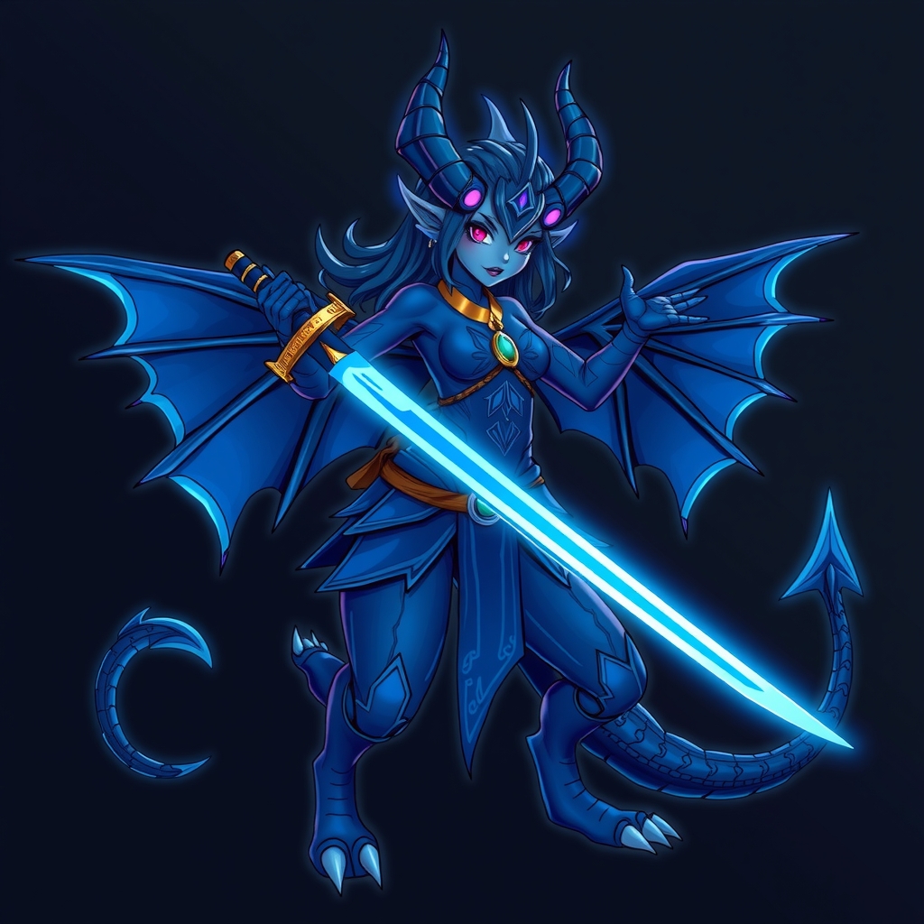 dark blue dragon woman neon blue samurai sword by मुफ्त एआई छवि जनरेटर - बिना लॉगिन के✨ | AIGAZOU