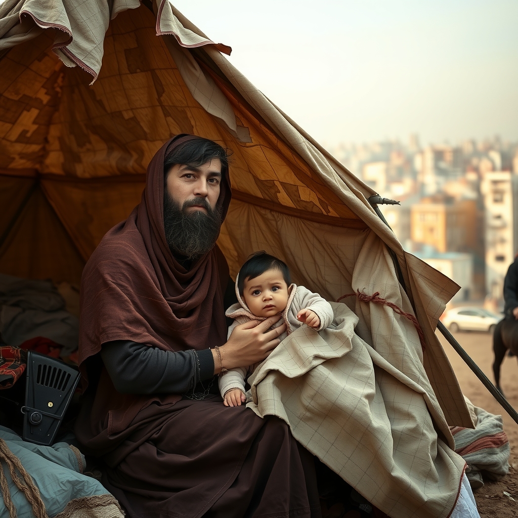 woman veiled with bearded man and baby in torn tent in city by Générateur d'images par IA gratuit - Aucune connexion nécessaire✨ | AIGAZOU