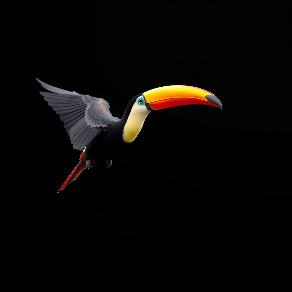 black background with large rainbow billed toucan flying in bottom left corner by Générateur d'images par IA gratuit - Aucune connexion nécessaire✨ | AIGAZOU