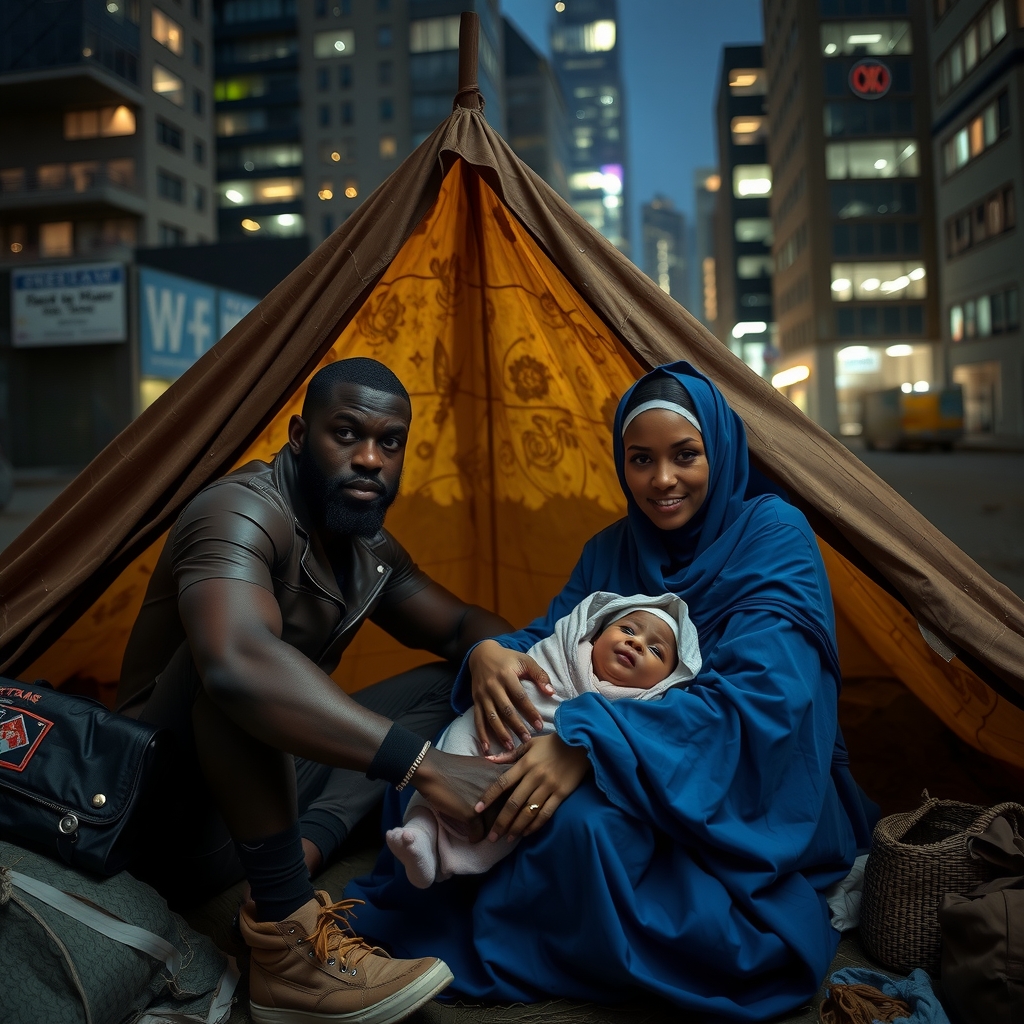 a black man and a woman in blue with a newborn in a dirty tent in a modern city at by मुफ्त एआई छवि जनरेटर - बिना लॉगिन के✨ | AIGAZOU