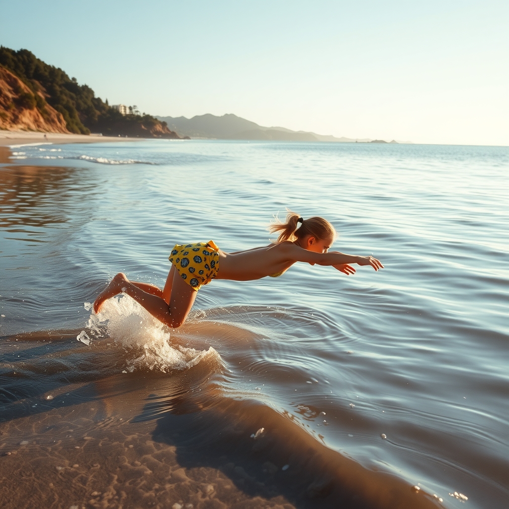 girl on the beach diving into water by मुफ्त एआई छवि जनरेटर - बिना लॉगिन के✨ | AIGAZOU