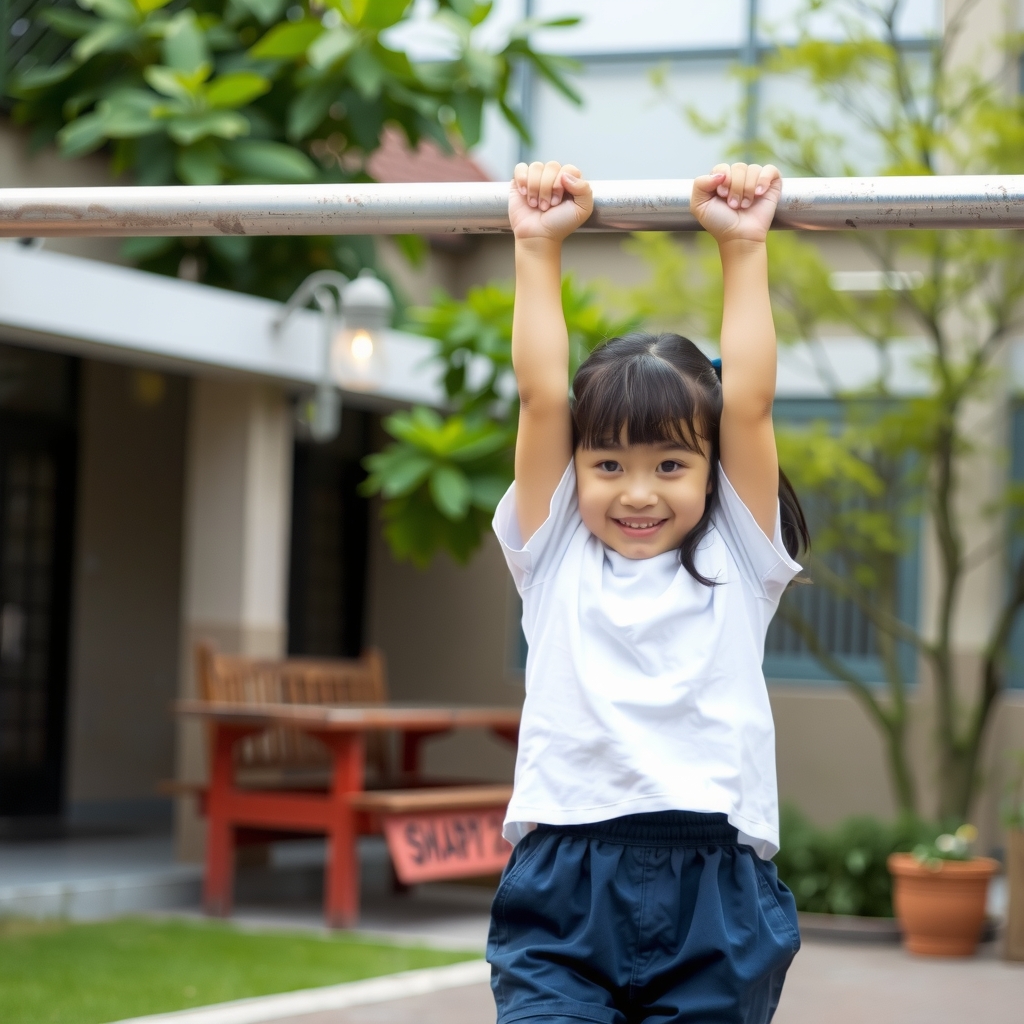 japanese elementary school girl hanging from high horizontal bar by मुफ्त एआई छवि जनरेटर - बिना लॉगिन के✨ | AIGAZOU