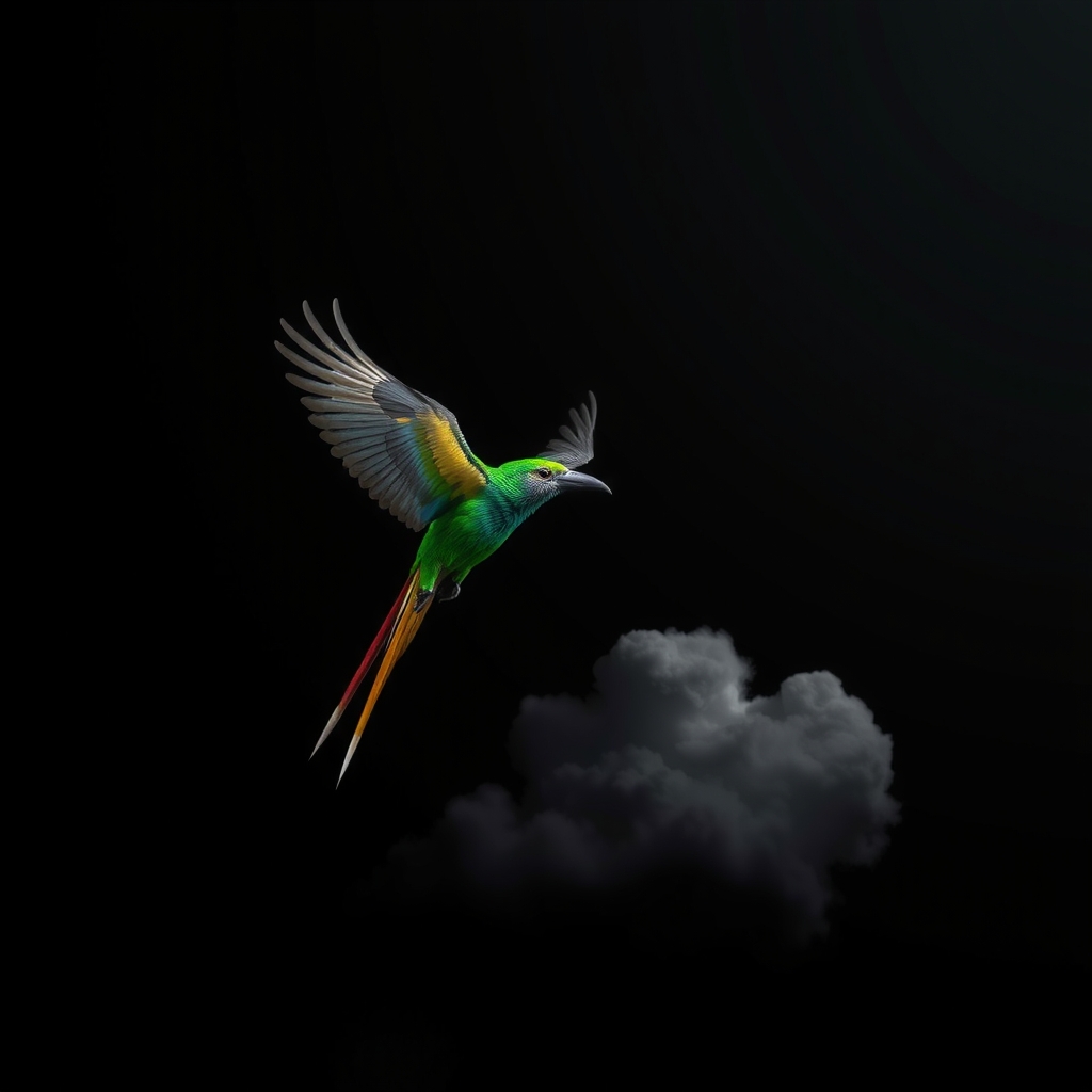 black background with a quetzal bird flying in the bottom left corner by मुफ्त एआई छवि जनरेटर - बिना लॉगिन के✨ | AIGAZOU