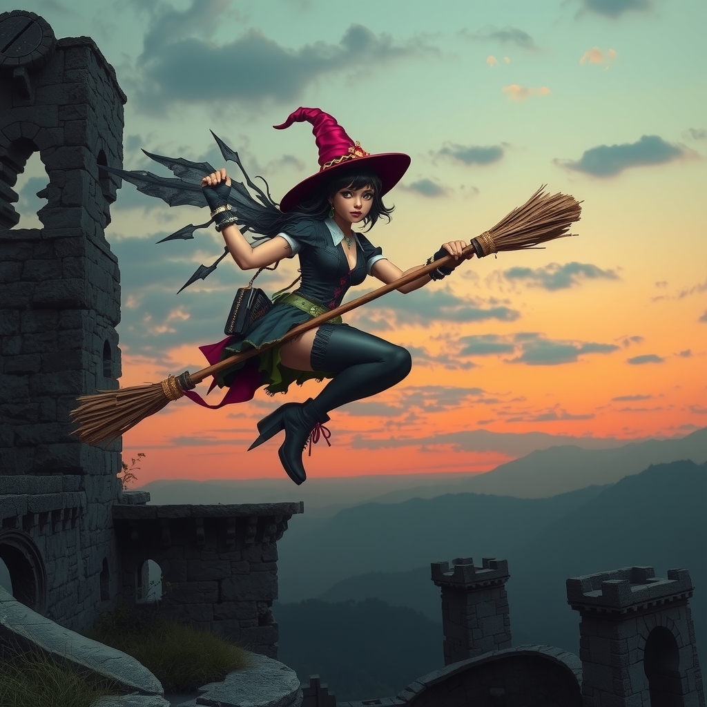 a punk witch in punk outfit flies at dusk by Générateur d'images par IA gratuit - Aucune connexion nécessaire✨ | AIGAZOU