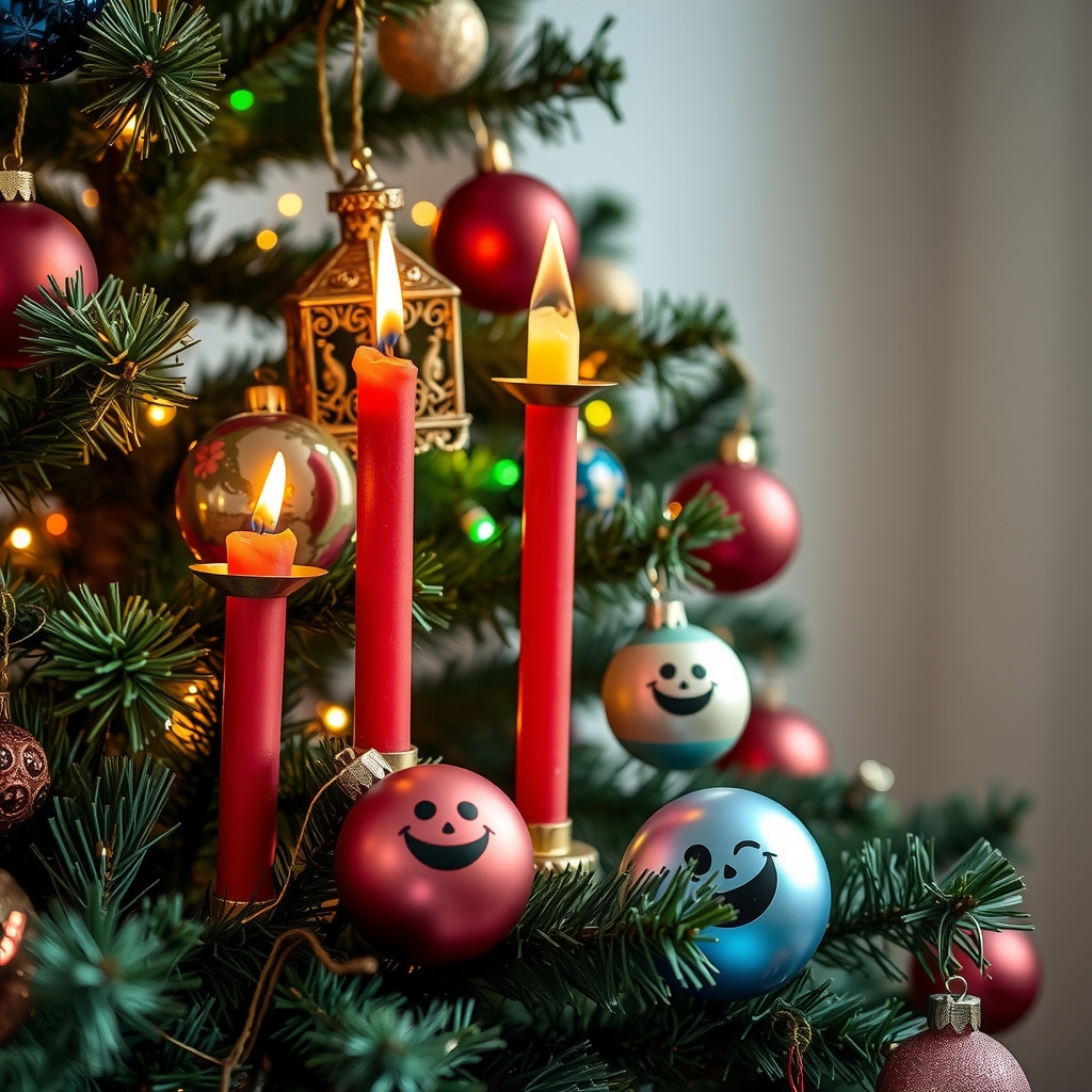 a festive tree with smiling colored candles and smiling colored christmas balls by मुफ्त एआई छवि जनरेटर - बिना लॉगिन के✨ | AIGAZOU