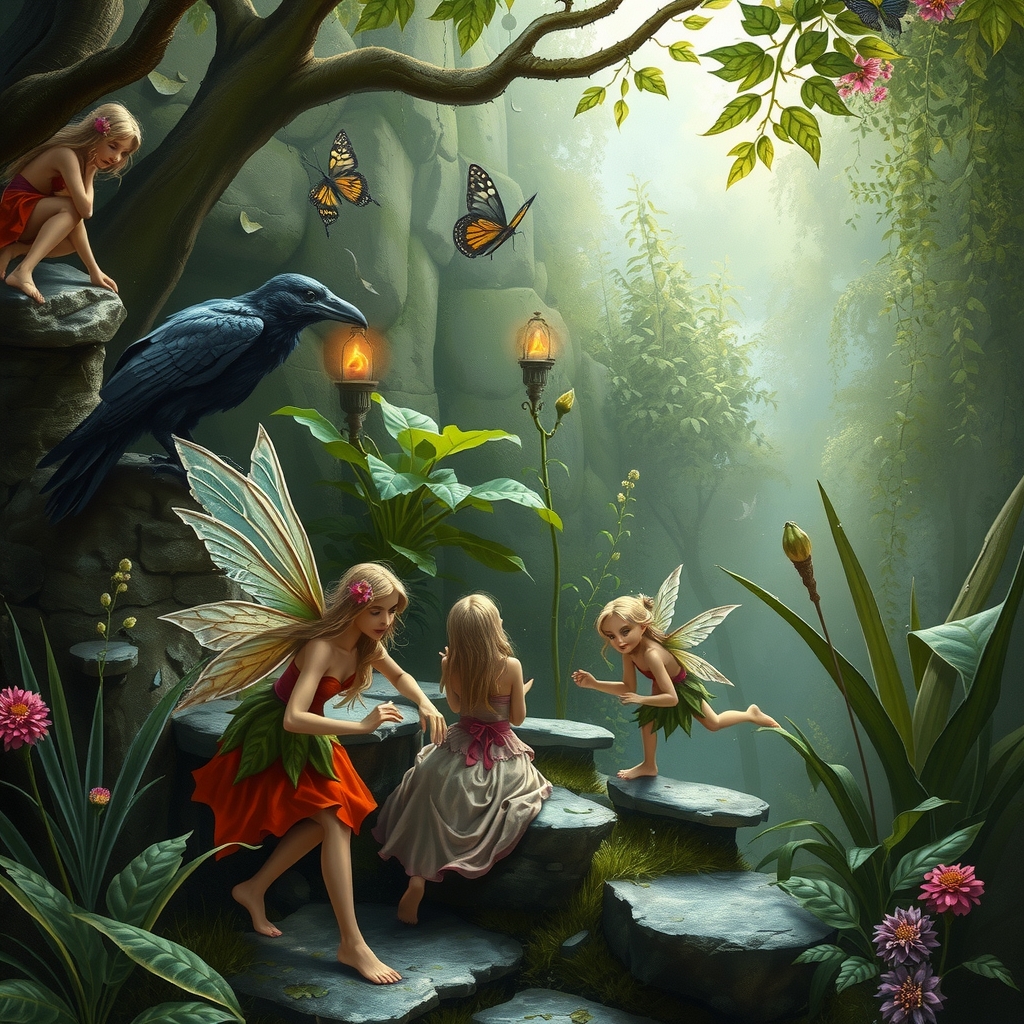 detailed fantasy scene with multiple fairies in a secret garden watched by a raven by मुफ्त एआई छवि जनरेटर - बिना लॉगिन के✨ | AIGAZOU