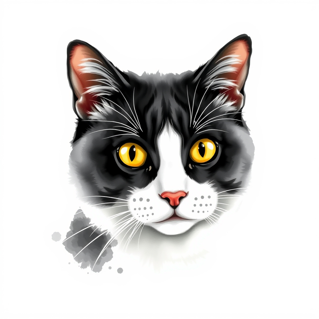 black and white yellow eyed cat watercolor full body icon by मुफ्त एआई छवि जनरेटर - बिना लॉगिन के✨ | AIGAZOU