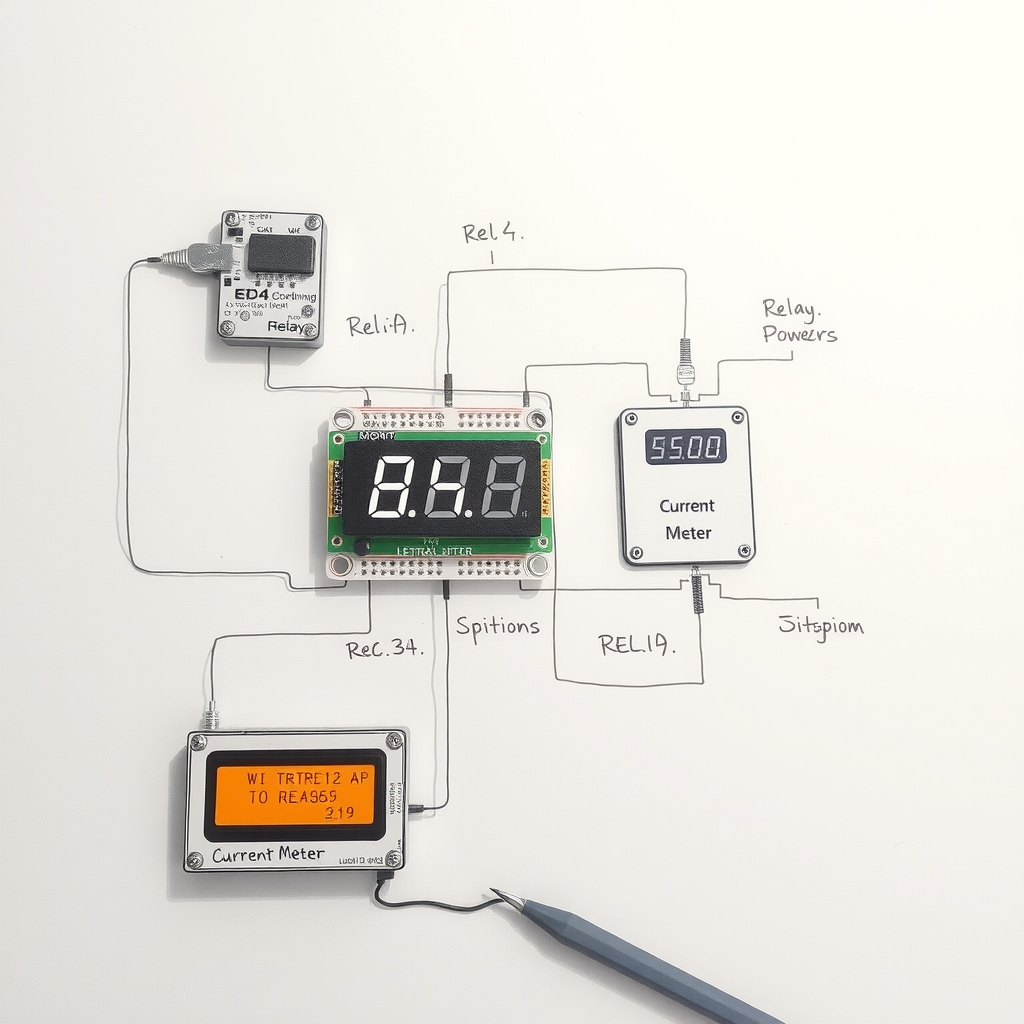 electrical power measurement schematic with relays two displays meter and card reader by मुफ्त एआई छवि जनरेटर - बिना लॉगिन के✨ | AIGAZOU