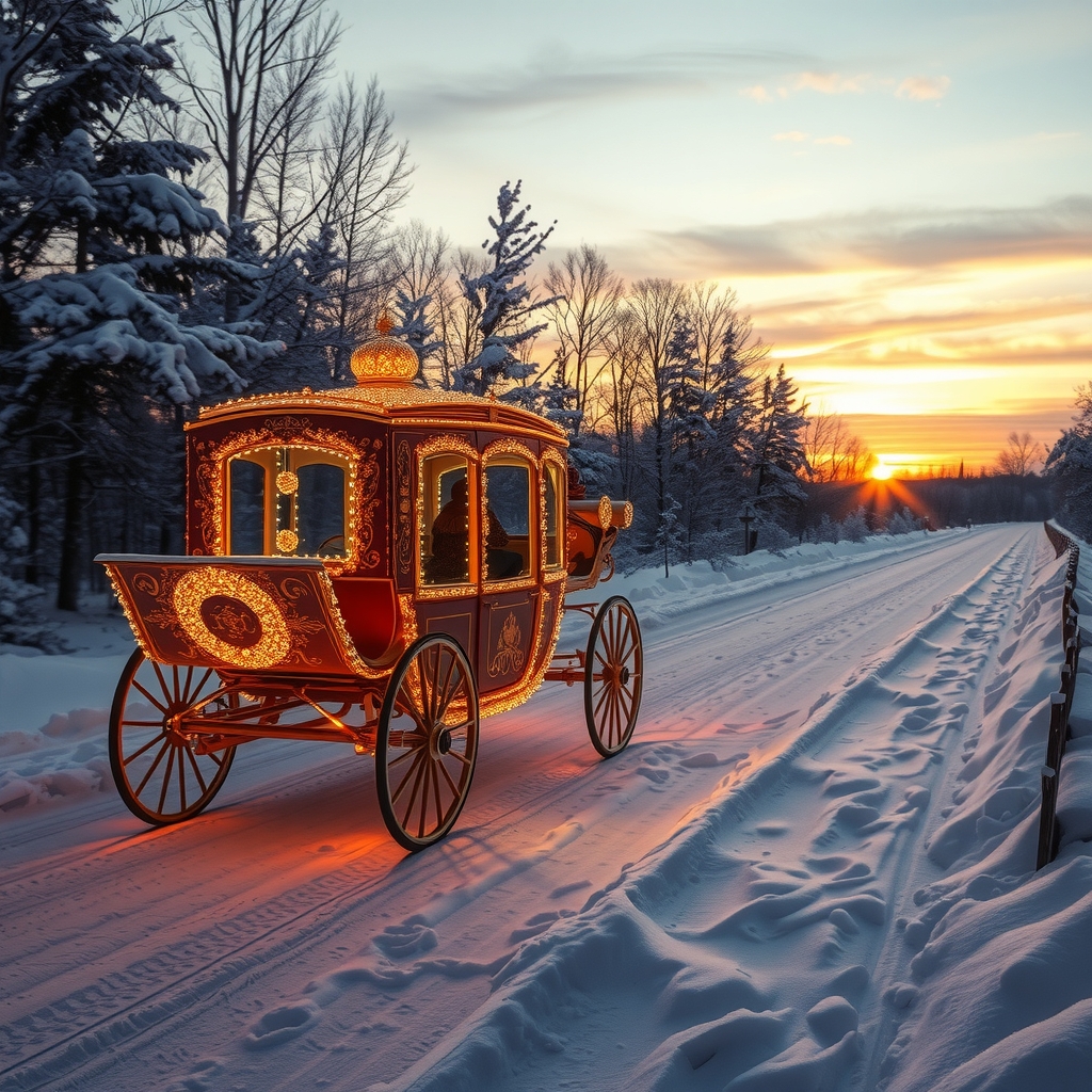 a sparkling golden carriage drives through a snowy winter landscape at twilight by मुफ्त एआई छवि जनरेटर - बिना लॉगिन के✨ | AIGAZOU