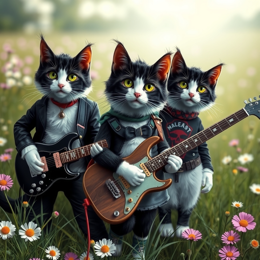 a black and white cat band with green eyes plays guitar on a flower meadow by मुफ्त एआई छवि जनरेटर - बिना लॉगिन के✨ | AIGAZOU