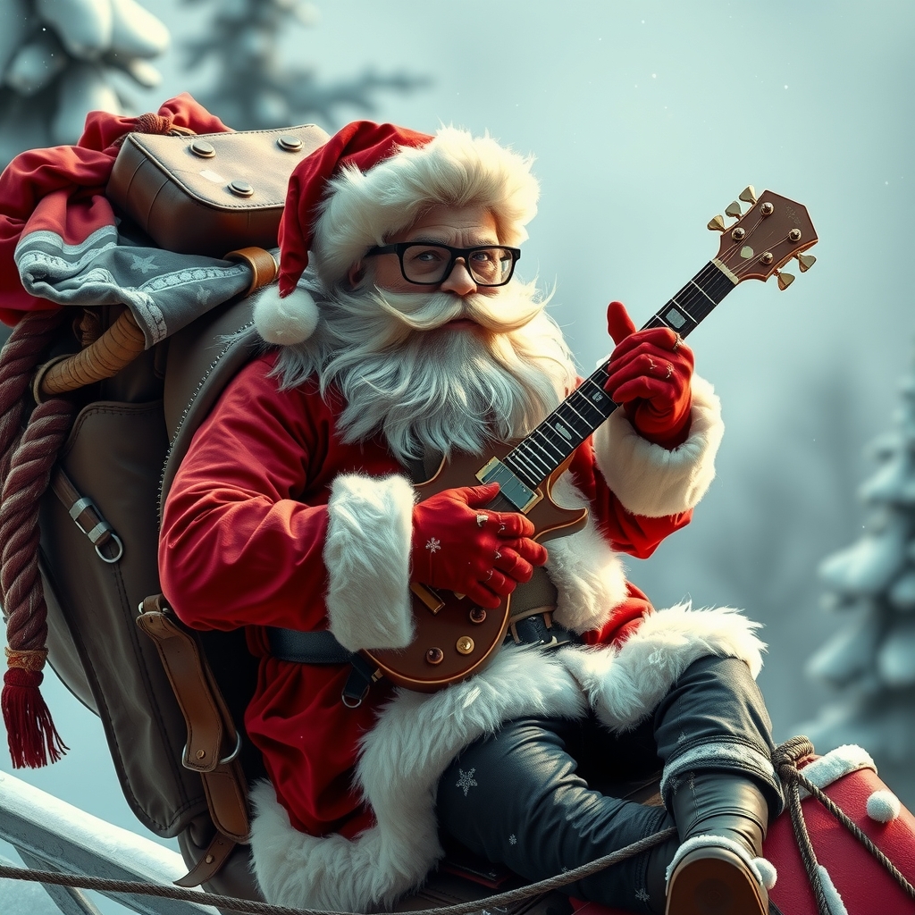 a punk santa with a punk haircut and glasses plays an instrument on his loaded sleigh by मुफ्त एआई छवि जनरेटर - बिना लॉगिन के✨ | AIGAZOU