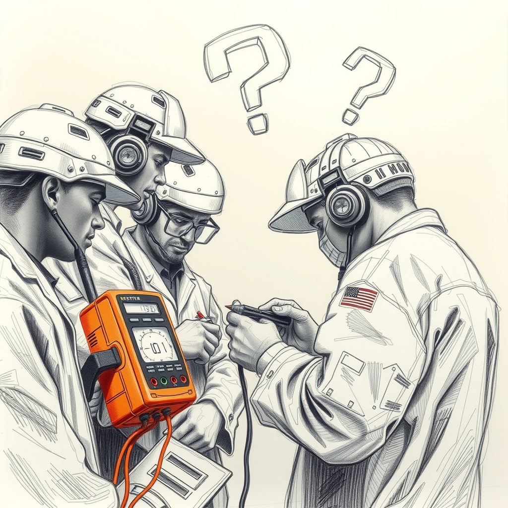 interested technicians with multimeter in circle ask questions surreal pencil sketch by मुफ्त एआई छवि जनरेटर - बिना लॉगिन के✨ | AIGAZOU