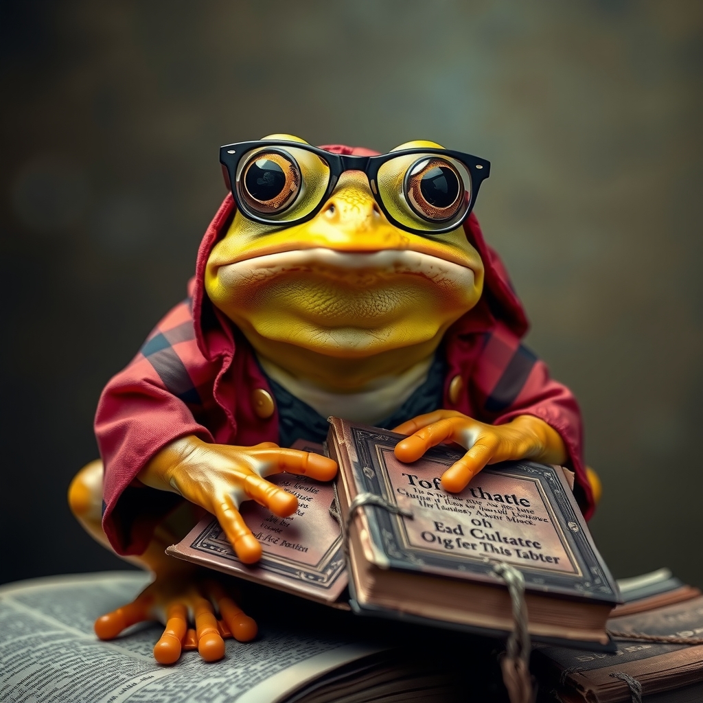 a frog with rocker outfit glasses and antique book by मुफ्त एआई छवि जनरेटर - बिना लॉगिन के✨ | AIGAZOU