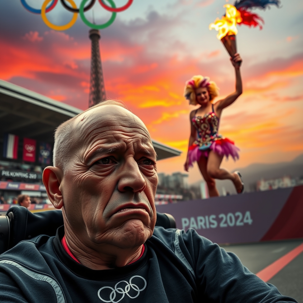 a sad man with scars and disability in wheelchair paris 2024 olympics setting eiffel tower banners sky ablaze with red by मुफ्त एआई छवि जनरेटर - बिना लॉगिन के✨ | AIGAZOU