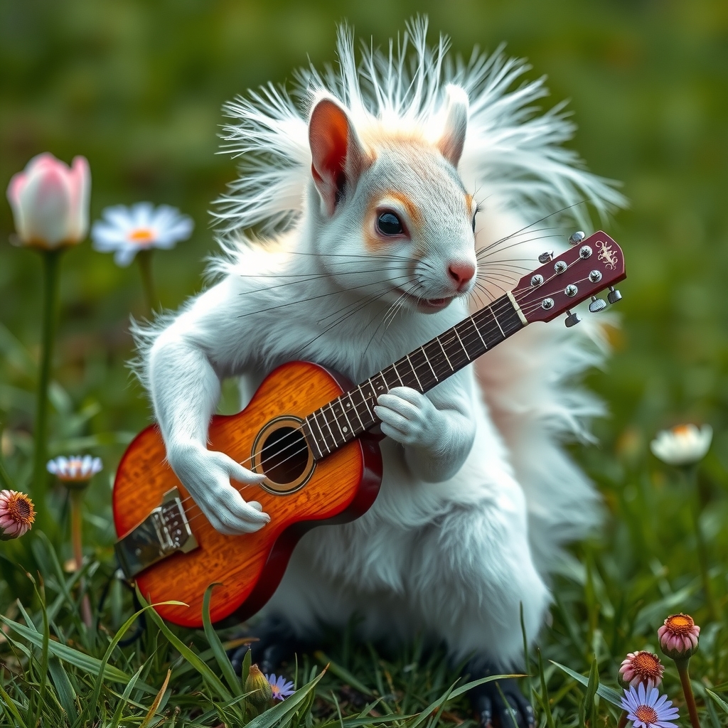 a white punk squirrel with a punk haircut plays an instrument on a meadow by मुफ्त एआई छवि जनरेटर - बिना लॉगिन के✨ | AIGAZOU