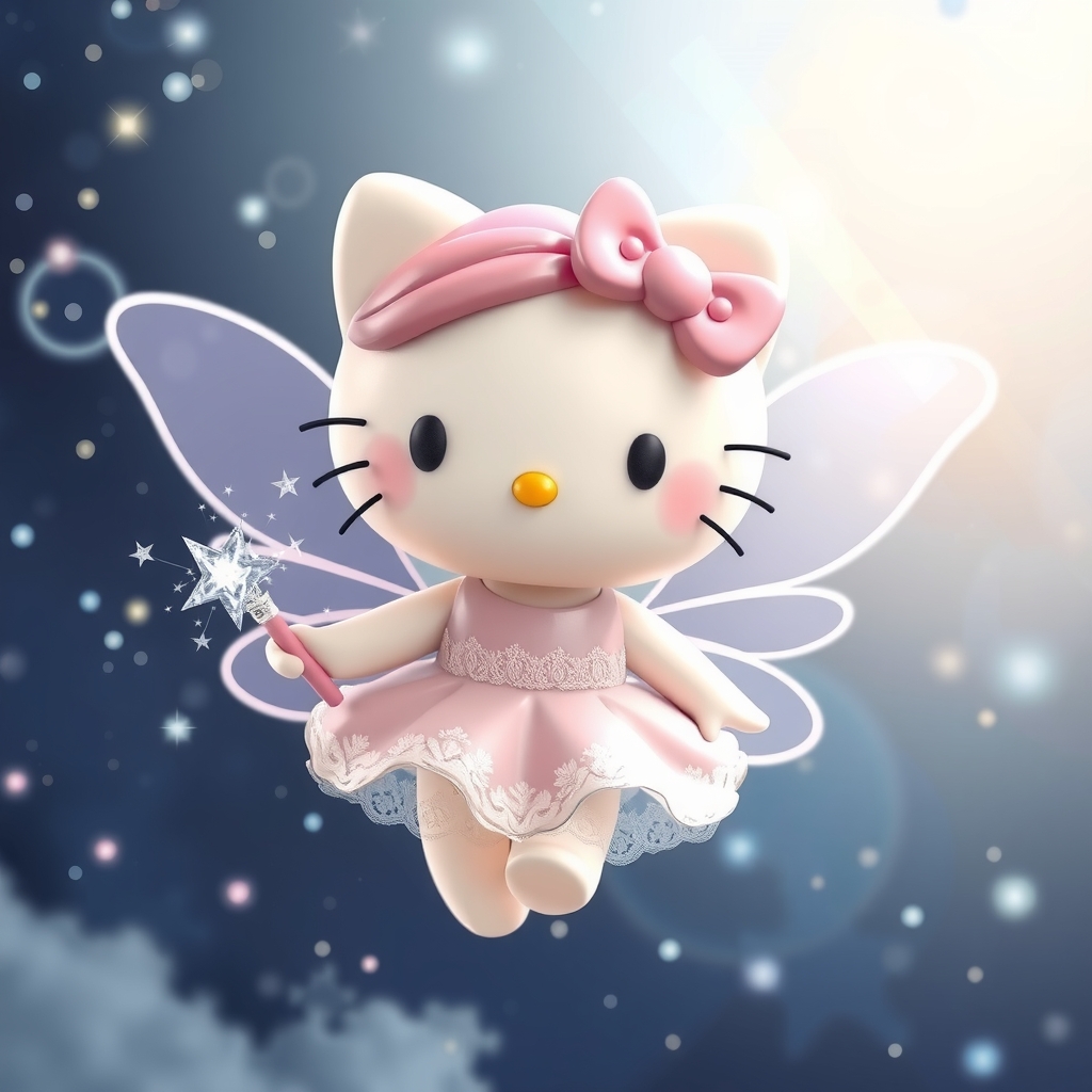 hello kitty 3d fairy cute realistic pastel colors starry sky flying white dress sparkling wand by मुफ्त एआई छवि जनरेटर - बिना लॉगिन के✨ | AIGAZOU