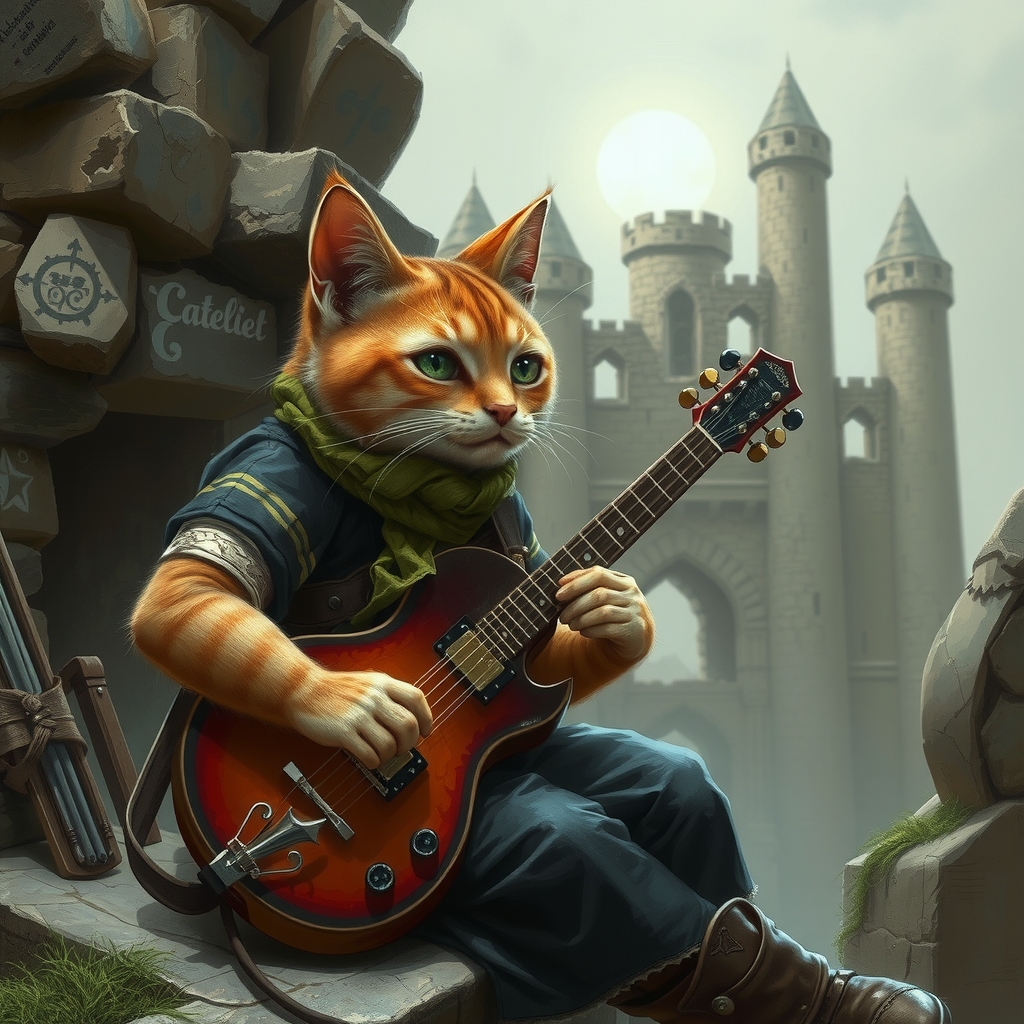 a punk cat plays an instrument at a ruined castle by मुफ्त एआई छवि जनरेटर - बिना लॉगिन के✨ | AIGAZOU