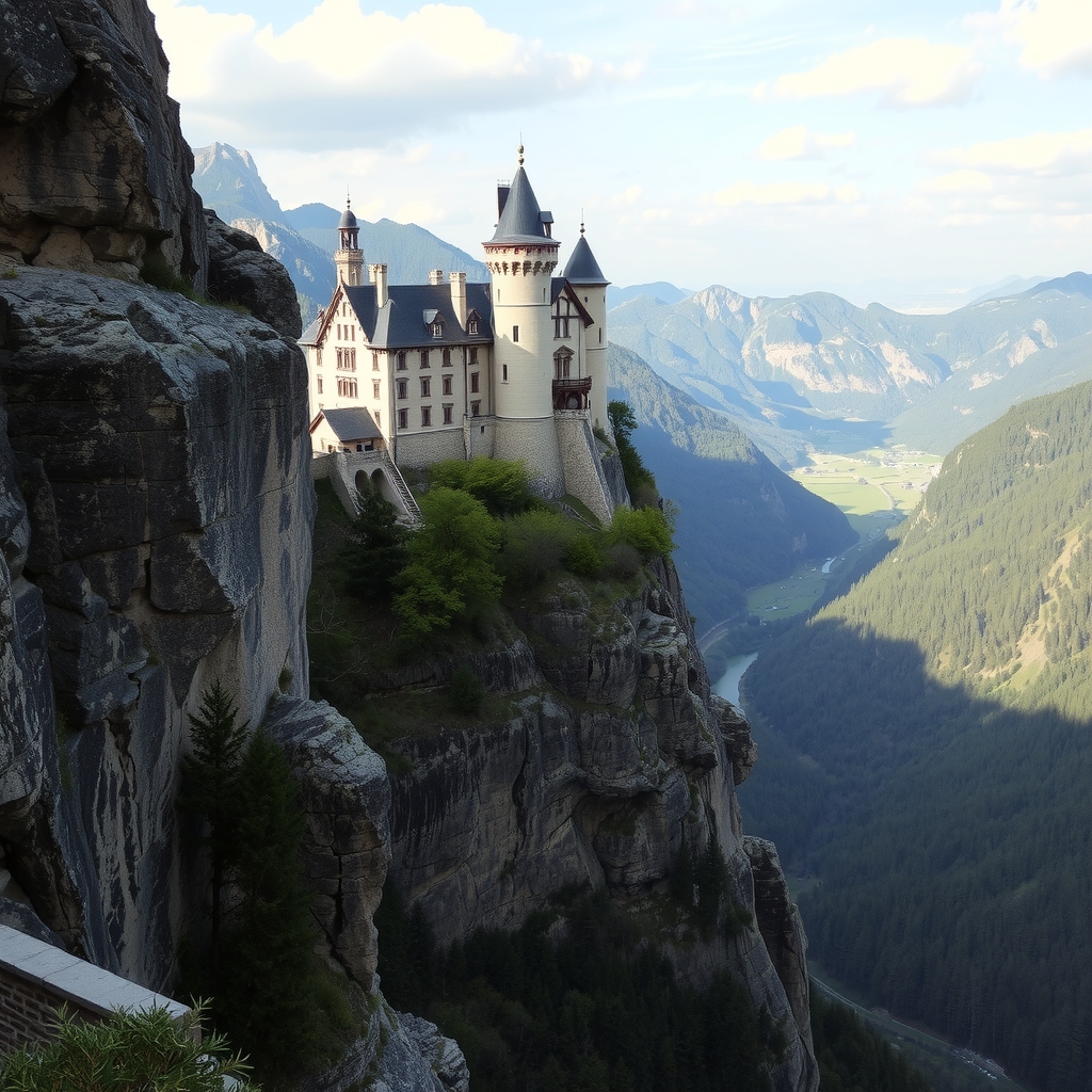 a castle with towers stands on a rock in a gorge overlooking a valley by 免费AI图像生成工具 | AIGAZOU