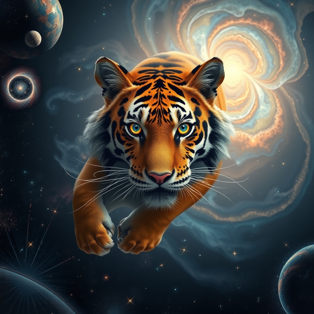 tiger floating space surrounded swirling galaxies by मुफ्त एआई छवि जनरेटर - बिना लॉगिन के✨ | AIGAZOU