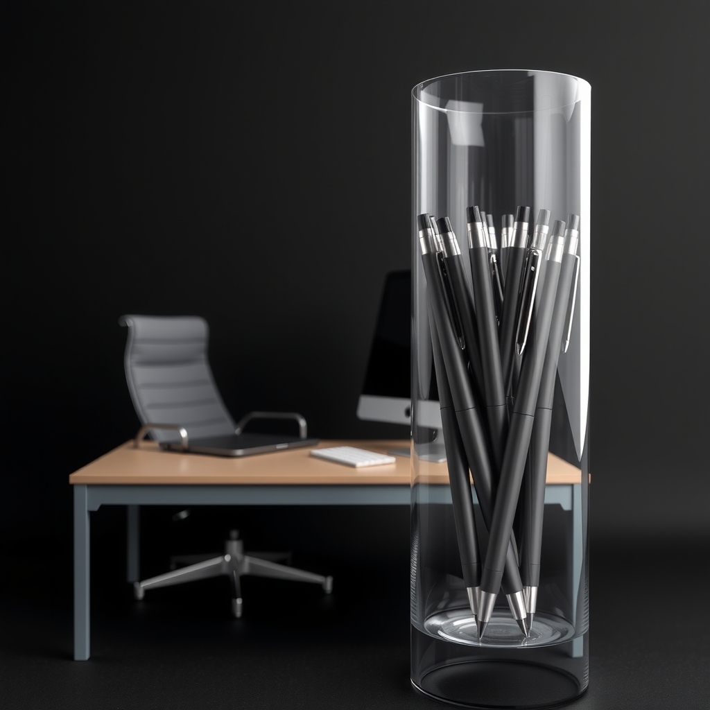 black background and one office table and one chair and computer and 10 pens in a glass by मुफ्त एआई छवि जनरेटर - बिना लॉगिन के✨ | AIGAZOU