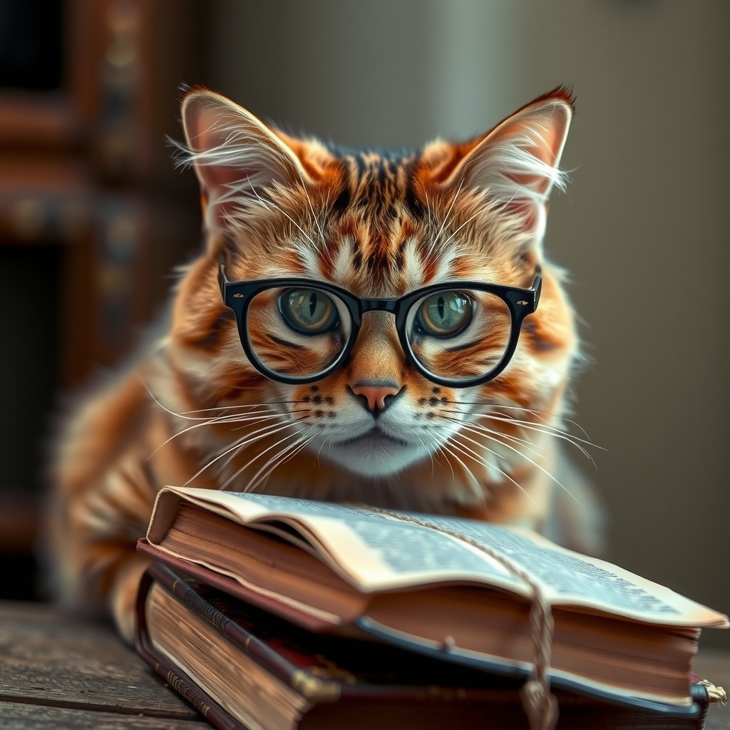 a cat with glasses and a thick ancient book by मुफ्त एआई छवि जनरेटर - बिना लॉगिन के✨ | AIGAZOU