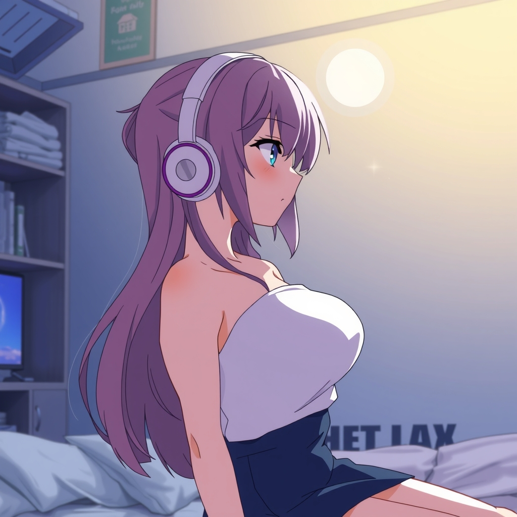 girl with large chest wearing headphones in room at midnight by मुफ्त एआई छवि जनरेटर - बिना लॉगिन के✨ | AIGAZOU