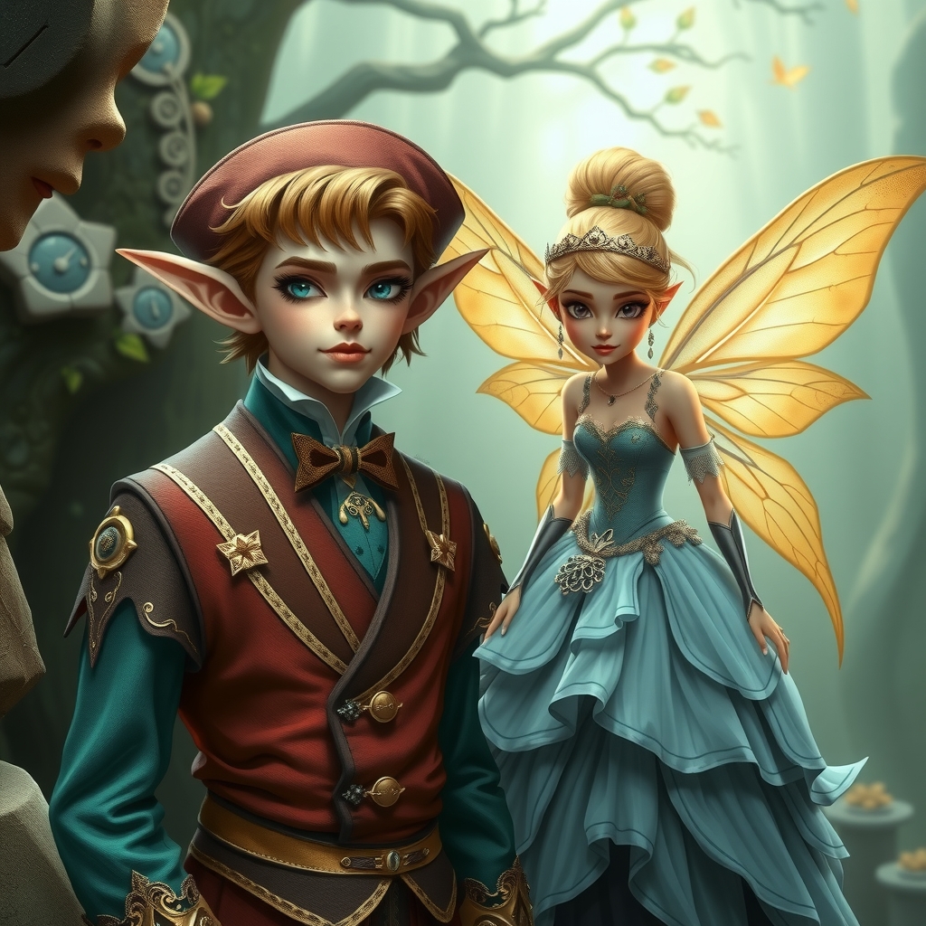 the image should be turquoise gold with a dwarf elegantly dressed and a fairy in elegant outfit by Générateur d'images par IA gratuit - Aucune connexion nécessaire✨ | AIGAZOU